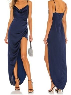 NBD Shelby Navy Satin Cowl Maxi Dress